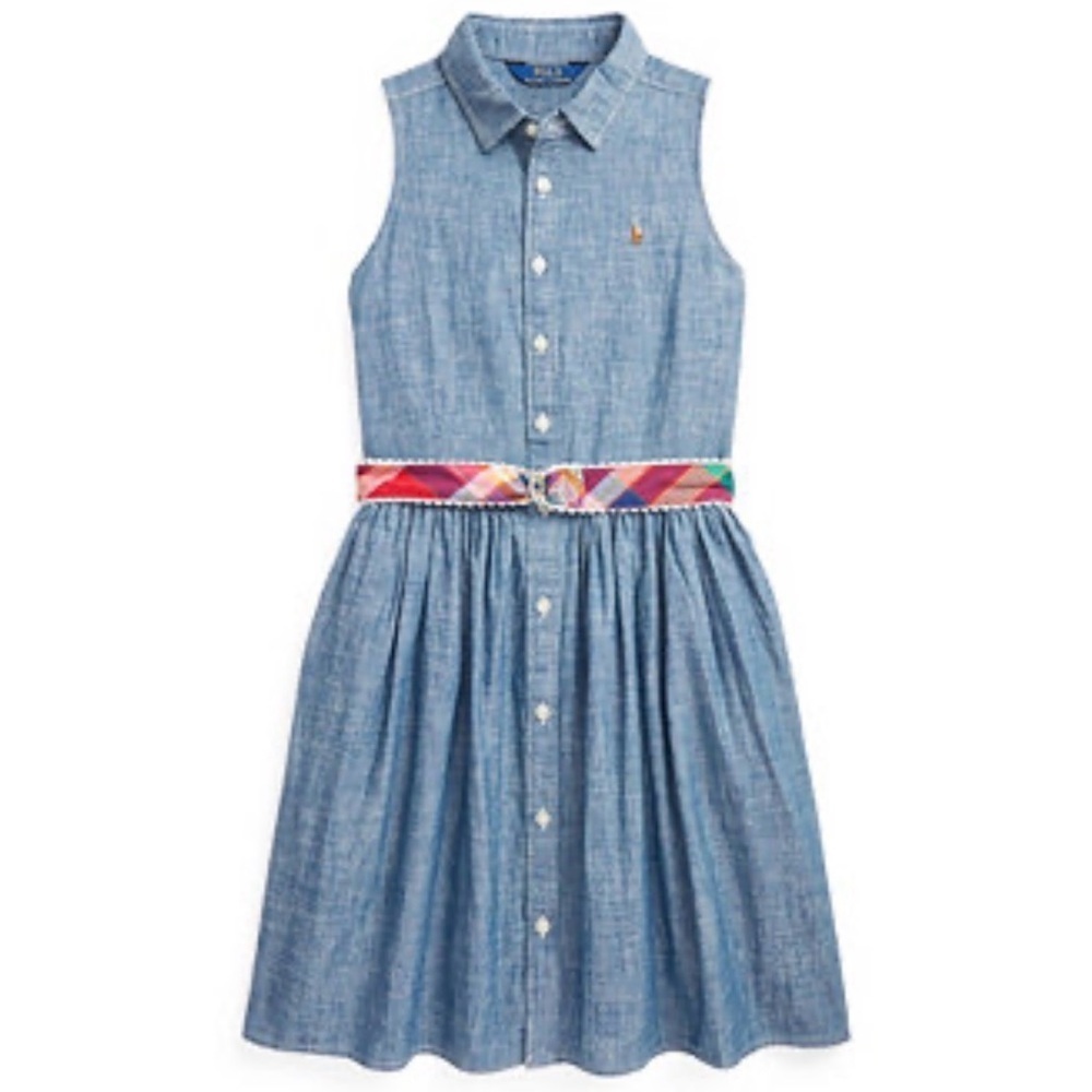 Polo Ralph Lauren Girls Fit and Flare Belted Indigo Chambray Shirtdress sz 12